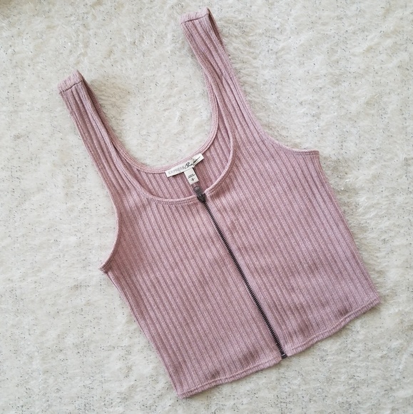 Express Tops - Express Pink Zippered Crop Top Ribbed Tank